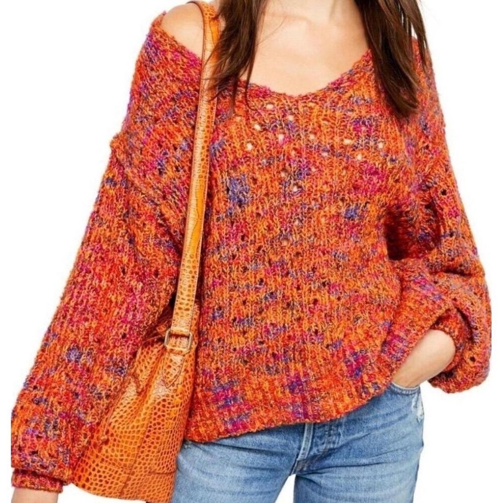 Free People Orange and Pink Off-the-Shoulder Sweater